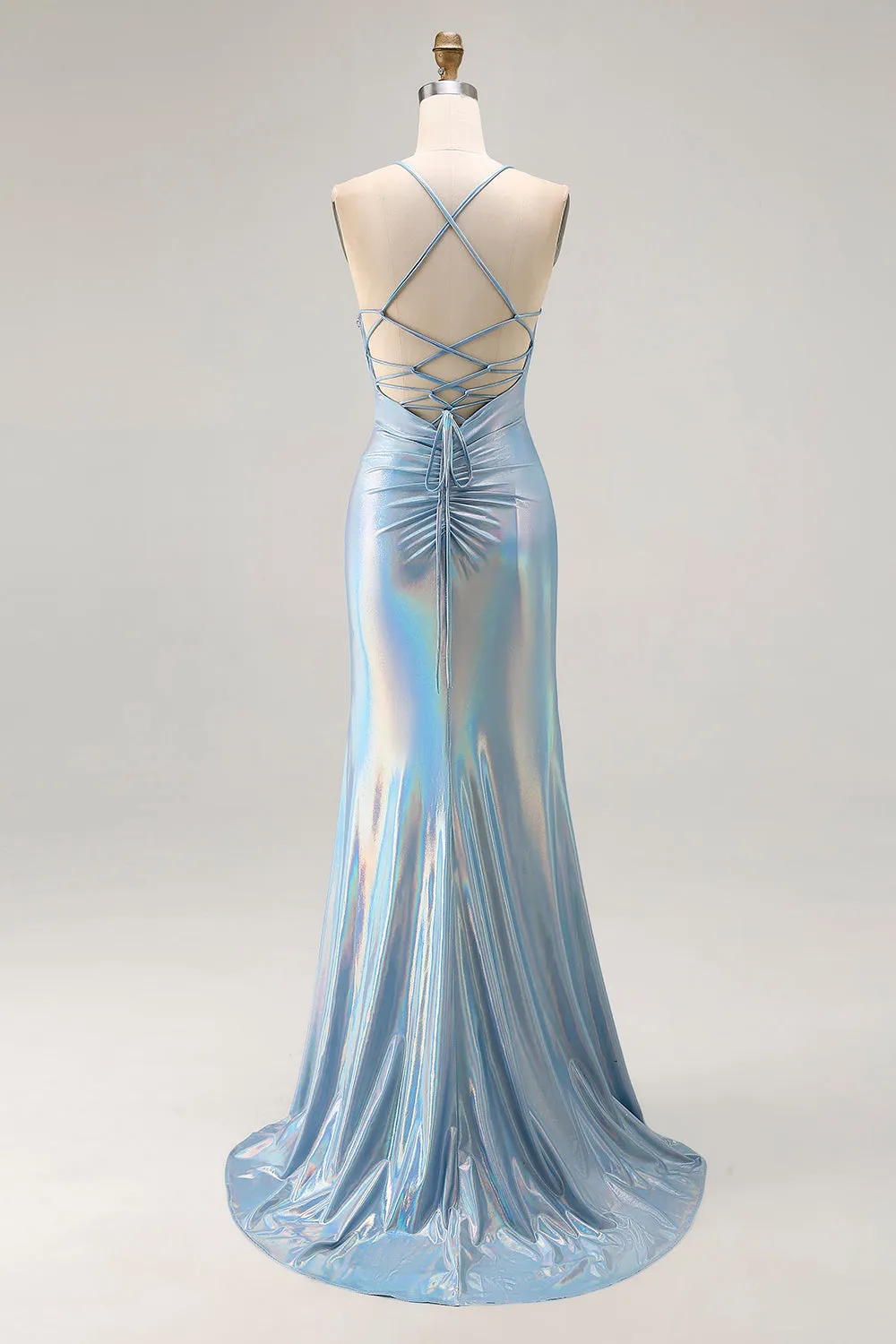 Light Blue Metallic Ruched Mermaid Lace Up Back Long Prom Dress With Slit sold by Zapaka product image thumbnail 2