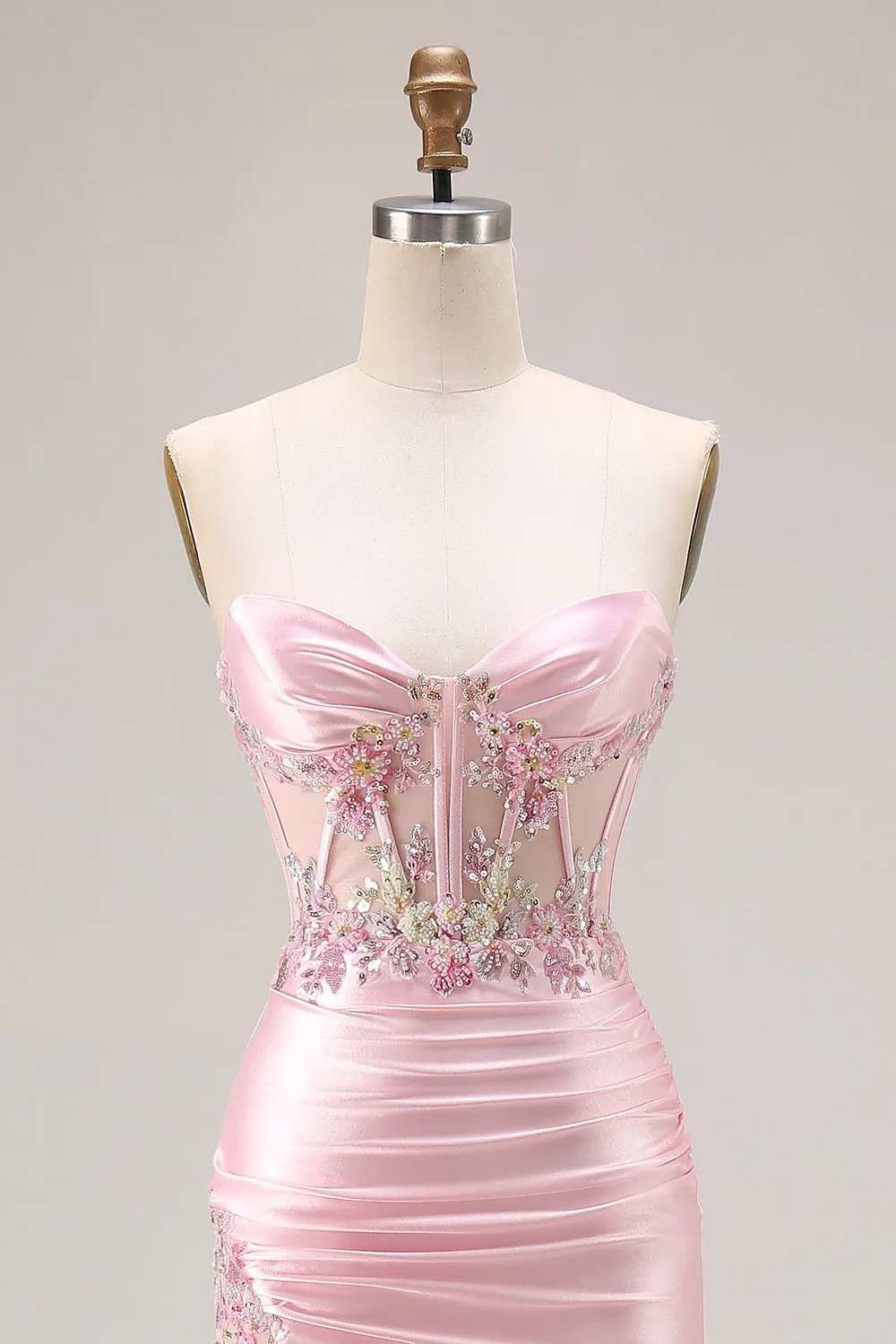 Pink Strapless Mermaid Corset Appliqued Sequin Long Prom Dress With Slit sold by Zapaka product image thumbnail 4