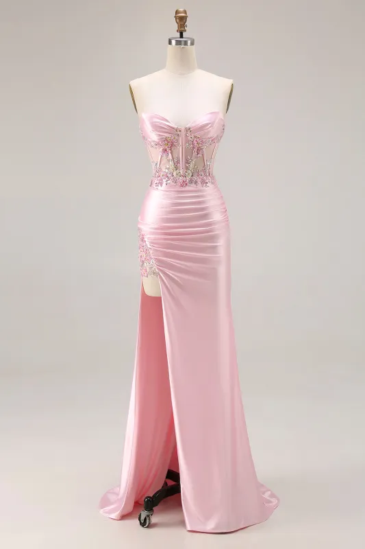 Pink Strapless Mermaid Corset Appliqued Sequin Long Prom Dress With Slit sold by Zapaka