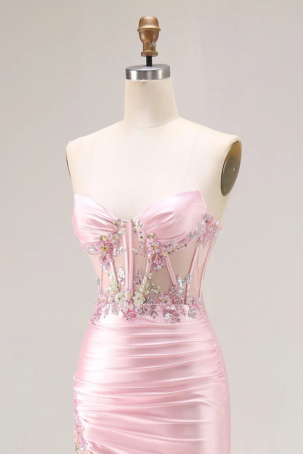 Pink Strapless Mermaid Corset Appliqued Sequin Long Prom Dress With Slit sold by Zapaka product image thumbnail 5
