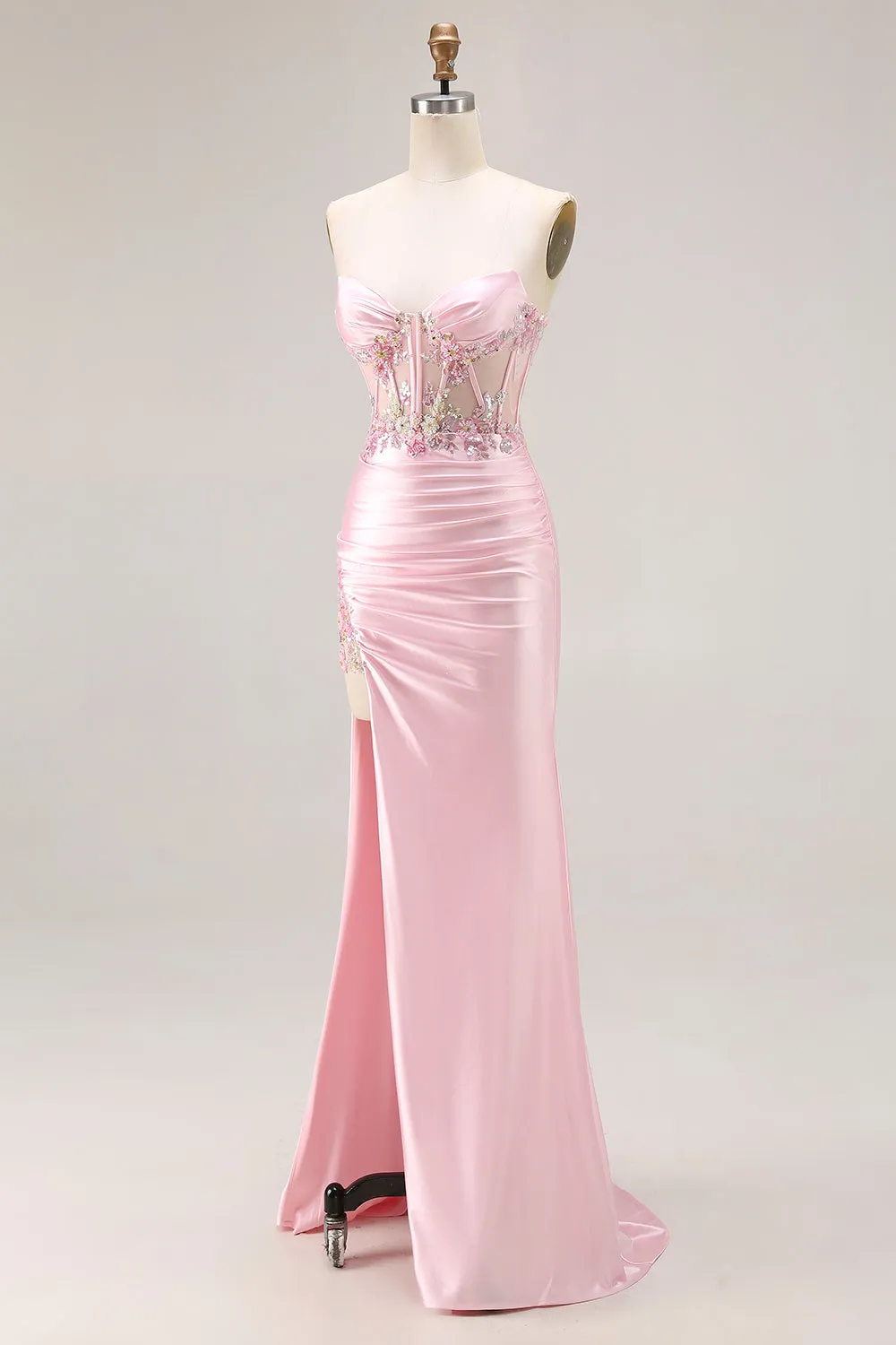 Pink Strapless Mermaid Corset Appliqued Sequin Long Prom Dress With Slit sold by Zapaka product image thumbnail 3