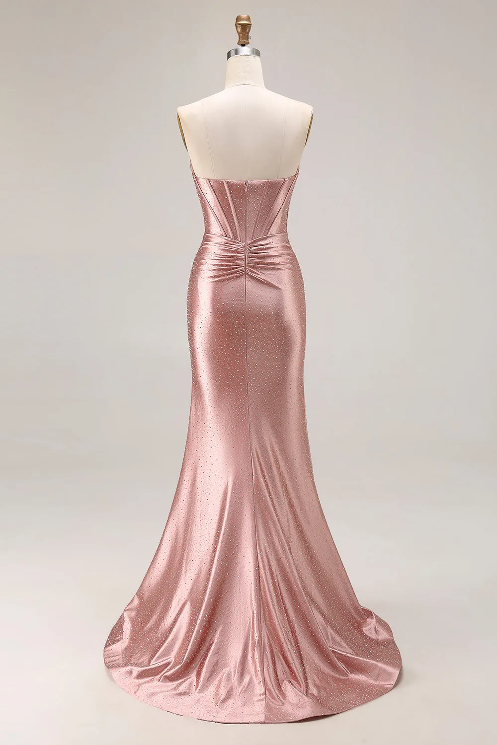 Dusty Rose Mermaid Strapless Beaded Corset Satin Long Prom Dress with Slit sold by Zapaka product image thumbnail 2
