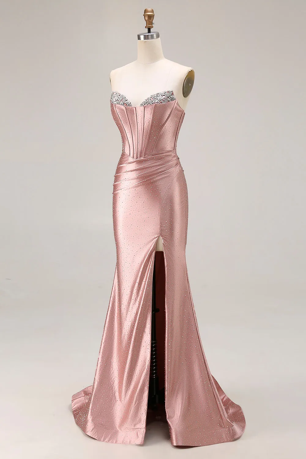 Dusty Rose Mermaid Strapless Beaded Corset Satin Long Prom Dress with Slit sold by Zapaka product image thumbnail 3