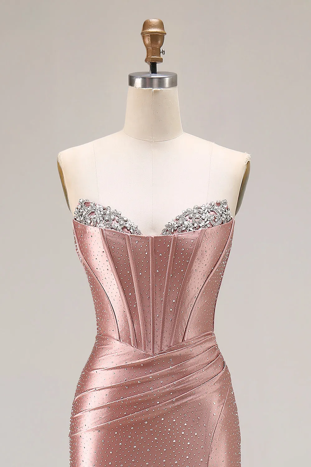 Dusty Rose Mermaid Strapless Beaded Corset Satin Long Prom Dress with Slit sold by Zapaka product image thumbnail 4