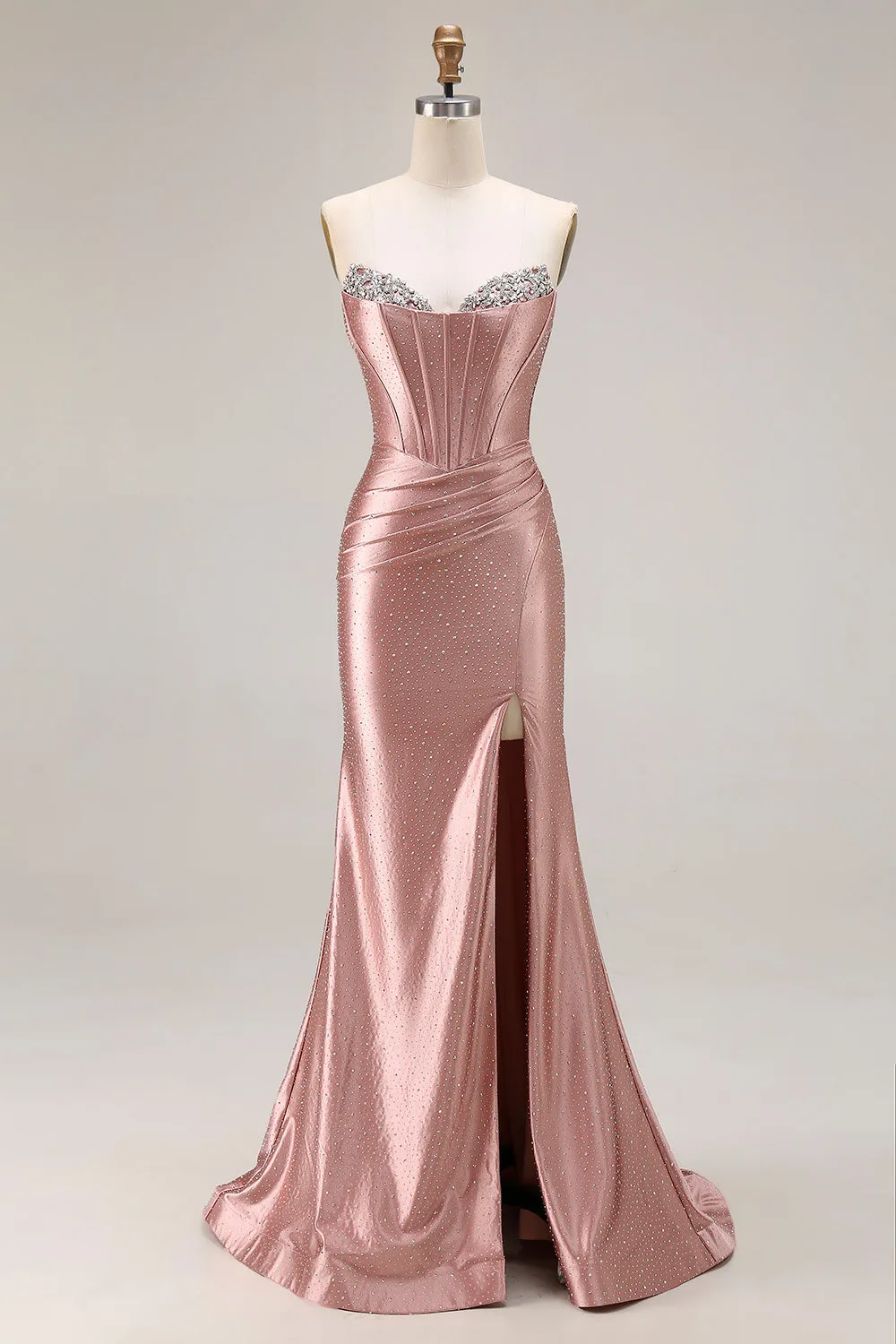Dusty Rose Mermaid Strapless Beaded Corset Satin Long Prom Dress with Slit sold by Zapaka