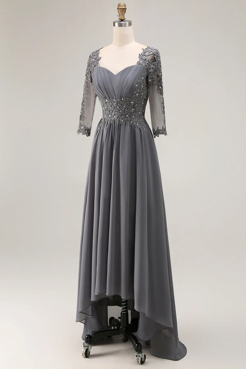 Steel Grey Appliqued A Line Pleated Beaded Mother Of The Bride Dress with Half Sleeves sold by Zapaka product image thumbnail 3