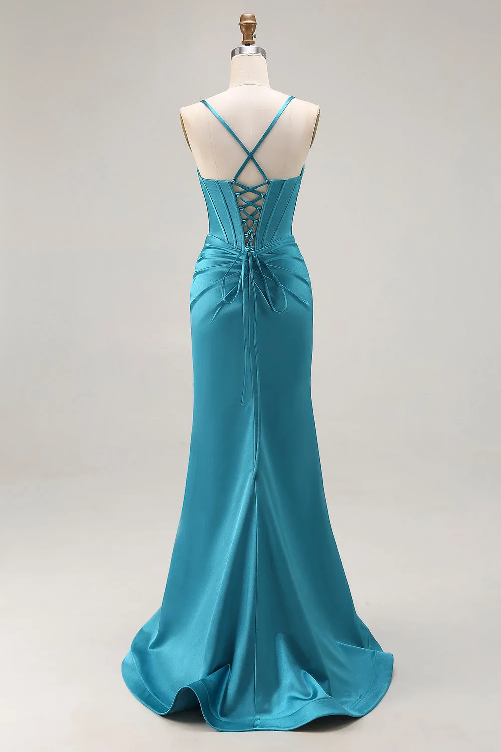 Peacock Blue Corset Mermaid Cut-Out Satin Long Prom Dress with Slit sold by Zapaka product image thumbnail 2