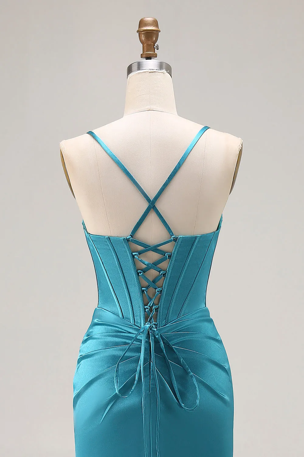 Peacock Blue Corset Mermaid Cut-Out Satin Long Prom Dress with Slit sold by Zapaka product image thumbnail 5