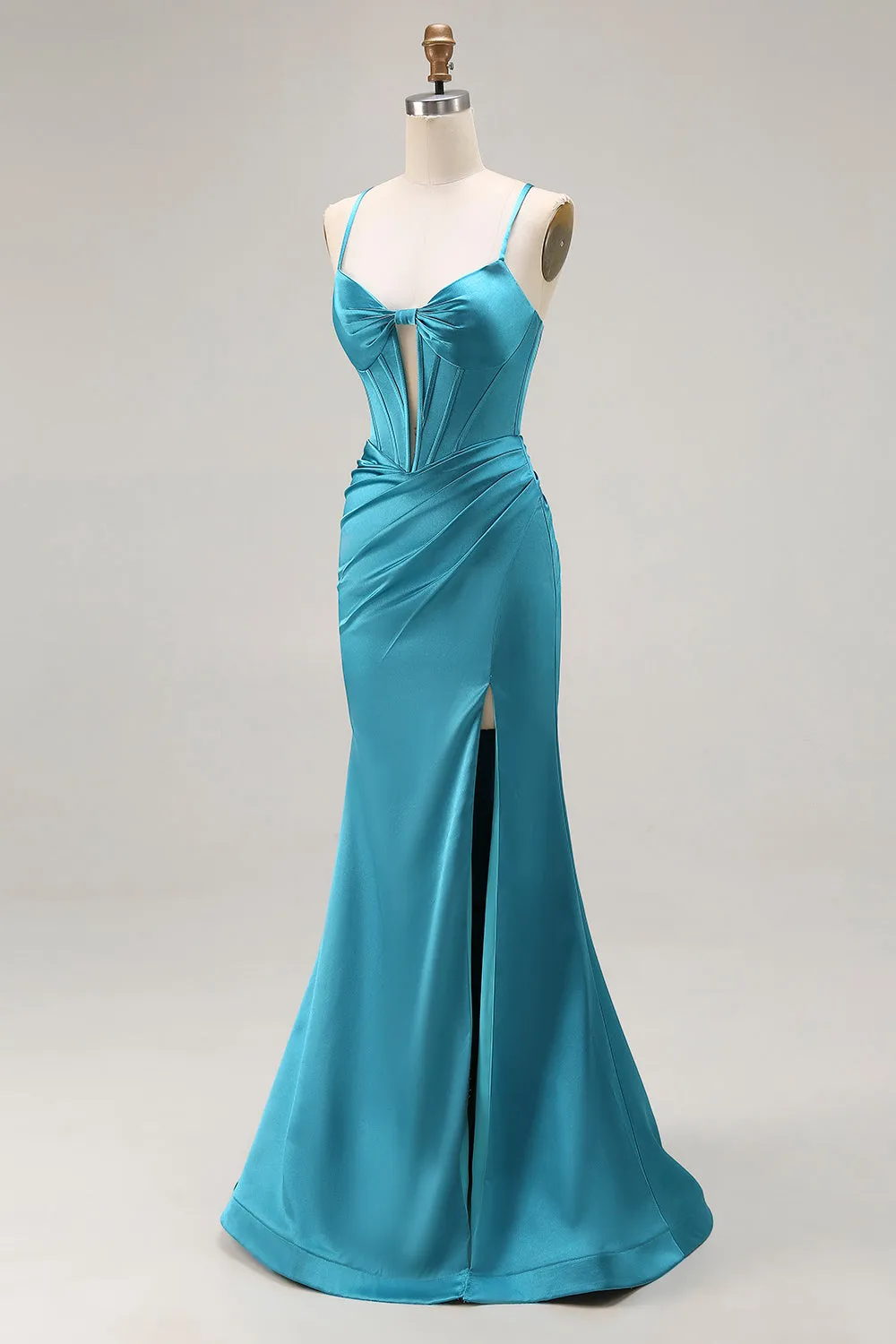 Peacock Blue Corset Mermaid Cut-Out Satin Long Prom Dress with Slit sold by Zapaka product image thumbnail 3