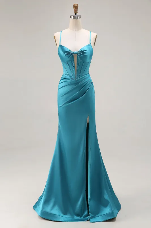 Peacock Blue Corset Mermaid Cut-Out Satin Long Prom Dress with Slit sold by Zapaka