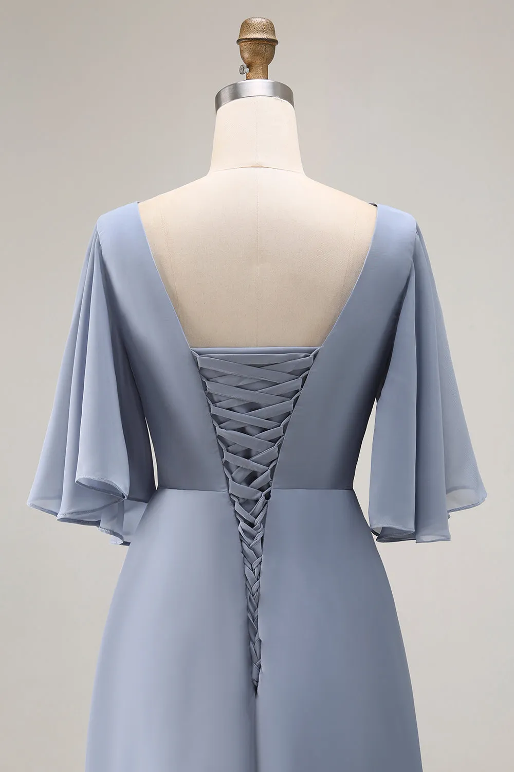 Dusty Blue A Line Asymmetrical Neck Mother Of The Bride Dress With Sleeves sold by Zapaka product image thumbnail 5