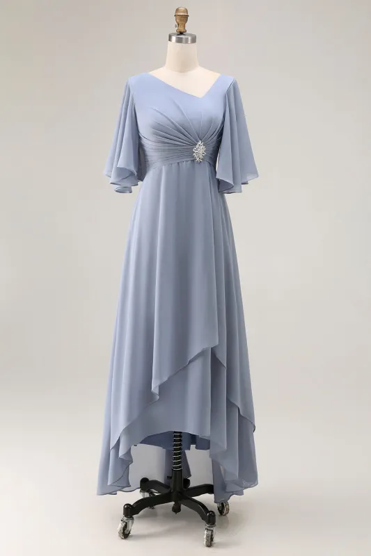 Dusty Blue A Line Asymmetrical Neck Mother Of The Bride Dress With Sleeves sold by Zapaka