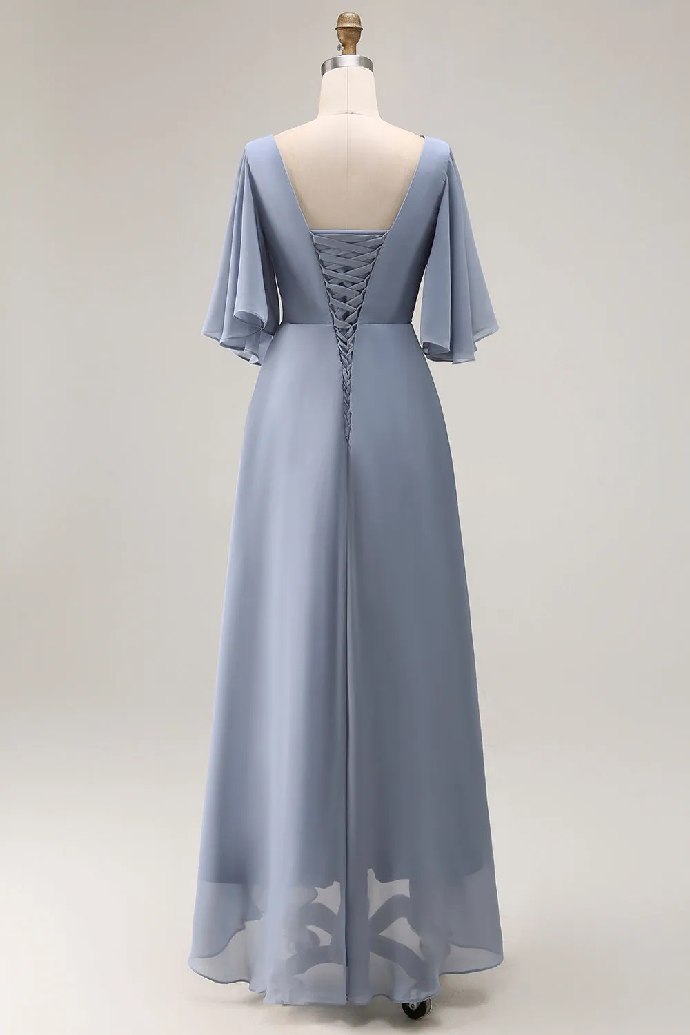 Dusty Blue A Line Asymmetrical Neck Mother Of The Bride Dress With Sleeves sold by Zapaka product image thumbnail 2