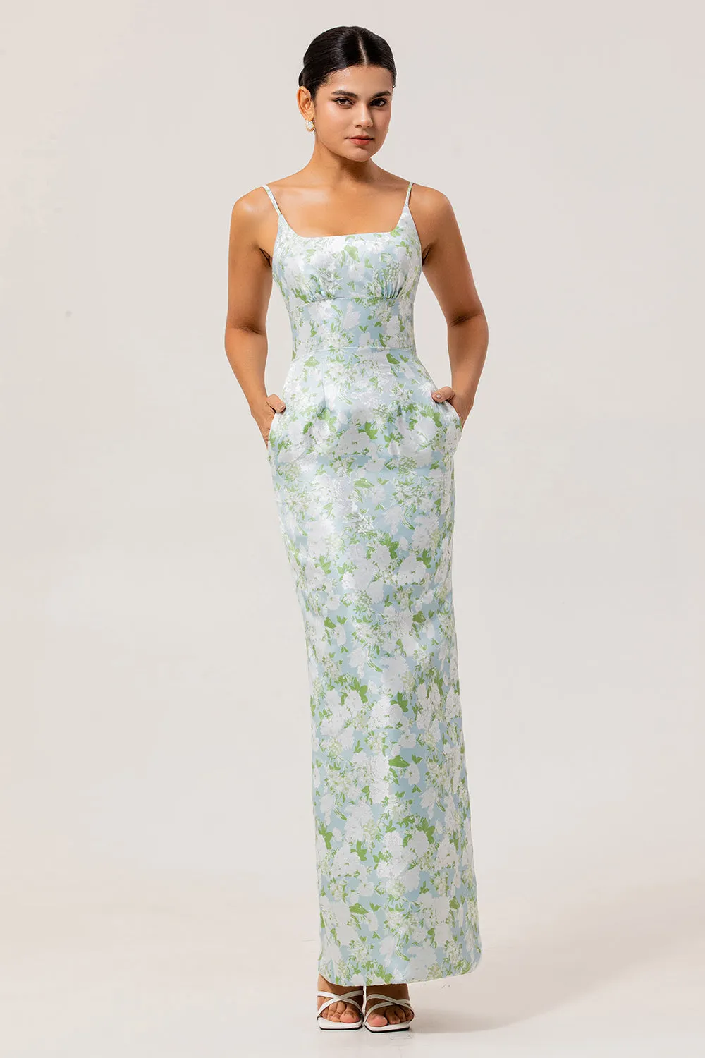 Blue Spaghetti Strap Satin Pastel Floral Long Bridesmaid Dress with Pockets sold by Zapaka product image thumbnail 3