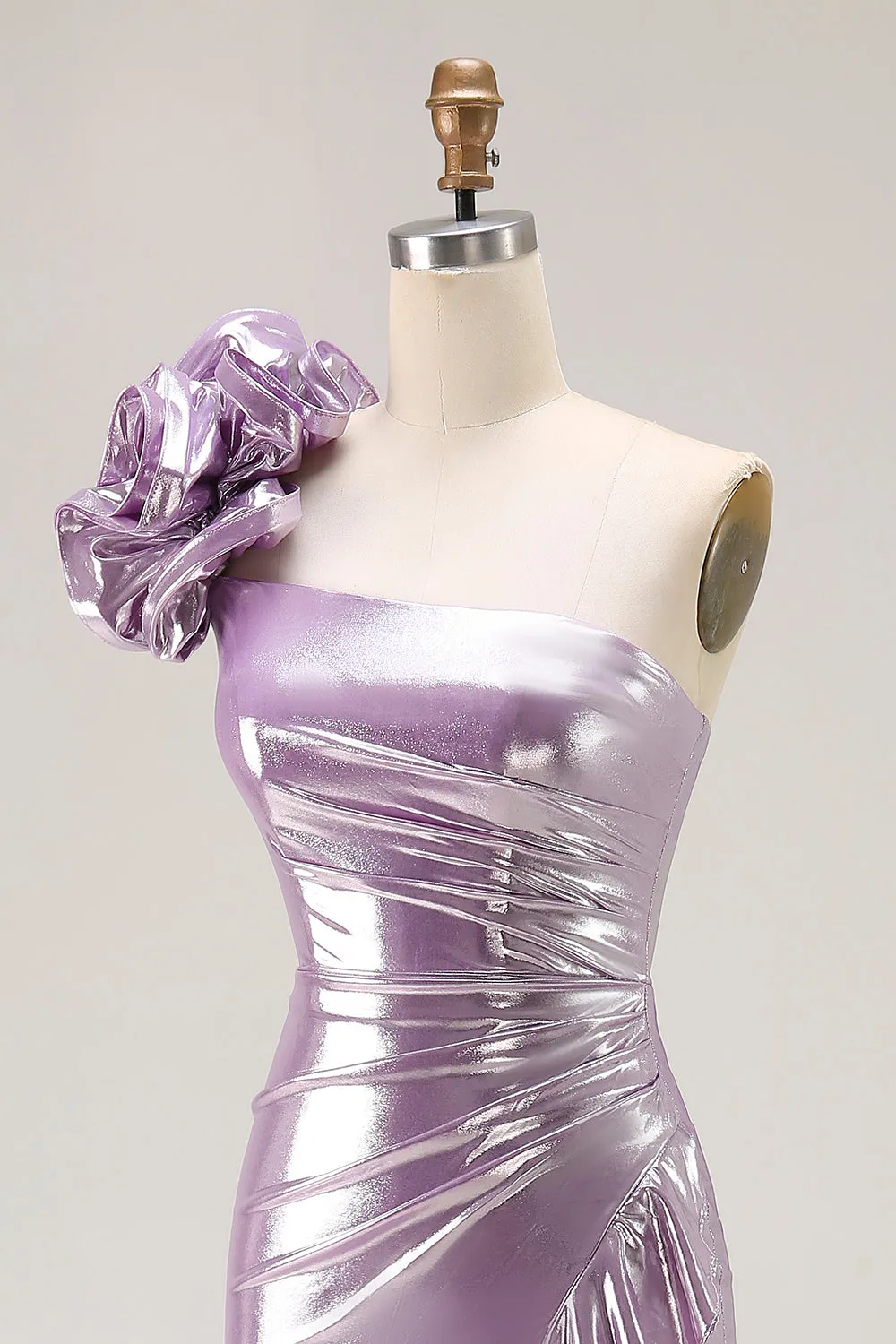 Metallic Lilac One-Shoulder Long Prom Dress with Draped Ruffle Detail sold by Zapaka product image thumbnail 5
