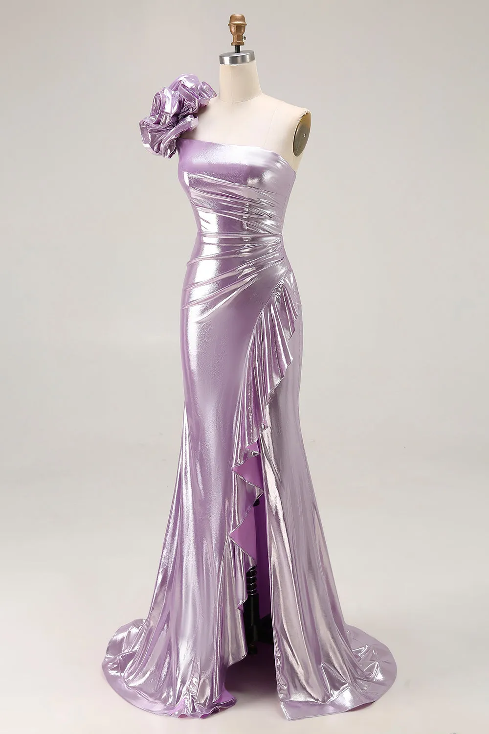 Metallic Lilac One-Shoulder Long Prom Dress with Draped Ruffle Detail sold by Zapaka product image thumbnail 3