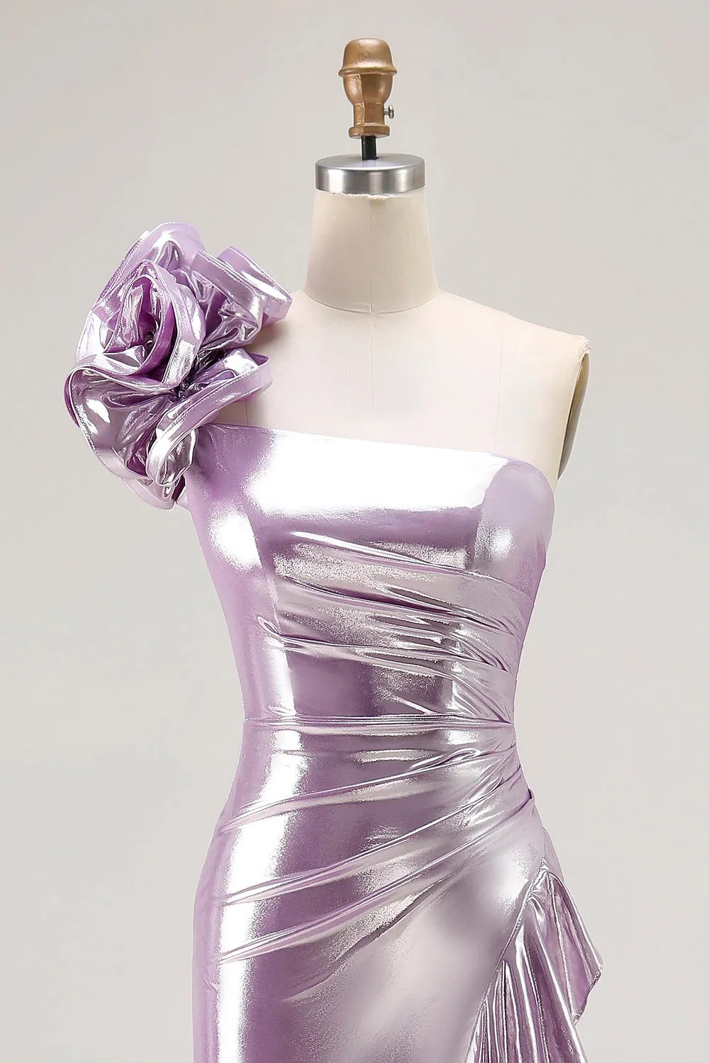 Metallic Lilac One-Shoulder Long Prom Dress with Draped Ruffle Detail sold by Zapaka product image thumbnail 4