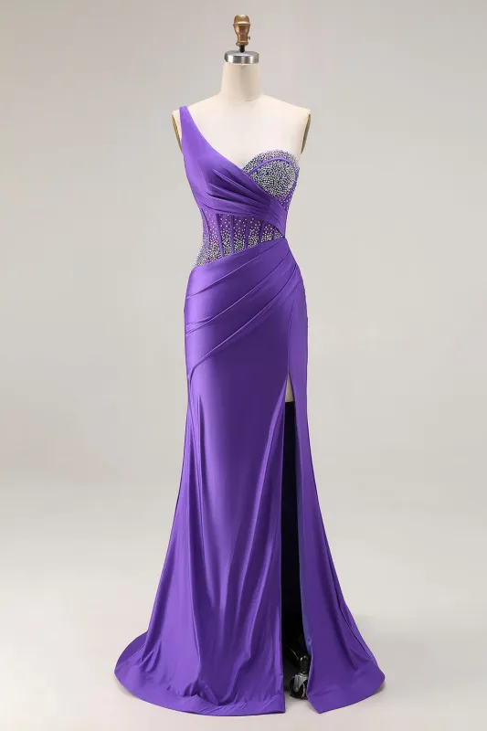 Dark Purple Mermaid One Shoulder Corset Long Prom Dress With Beading sold by Zapaka