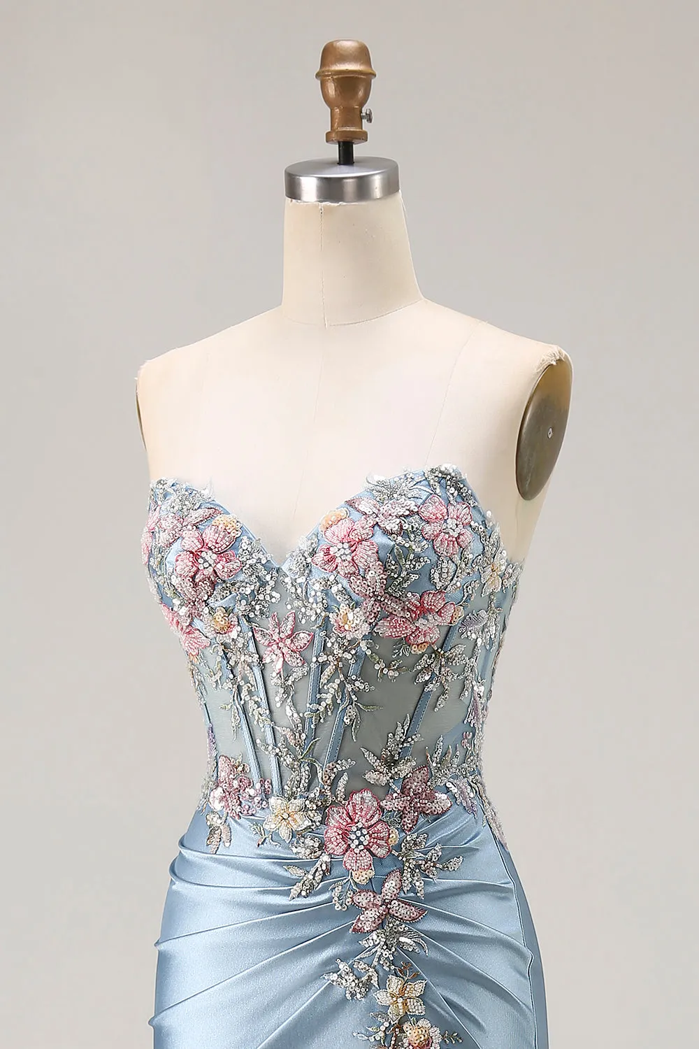 Grey Blue Mermaid Sweetheart Appliqued Corset Beaded Long Prom Dress With Slit sold by Zapaka product image thumbnail 5