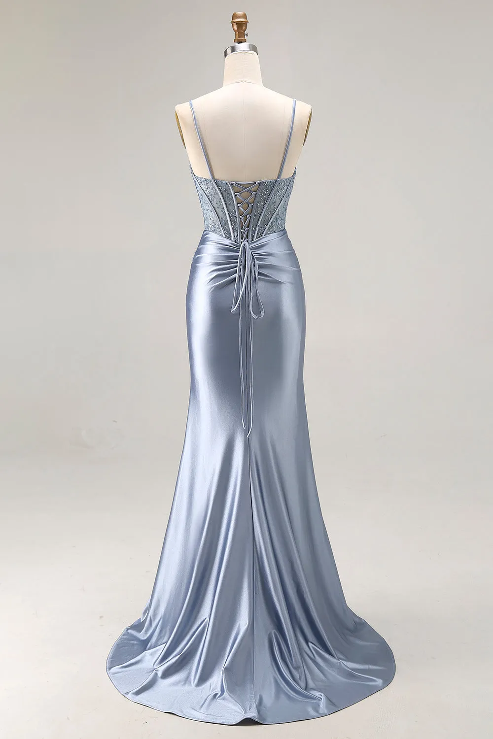 Grey Blue Mermaid Corset Beaded Pleated Long Prom Dress with Slit sold by Zapaka product image thumbnail 2