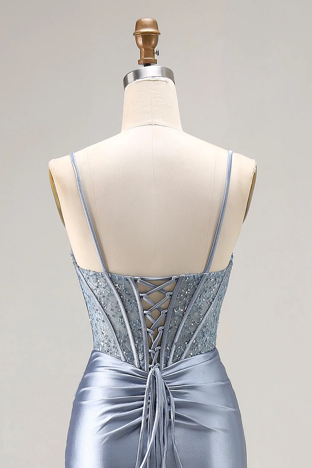 Grey Blue Mermaid Corset Beaded Pleated Long Prom Dress with Slit sold by Zapaka product image thumbnail 5