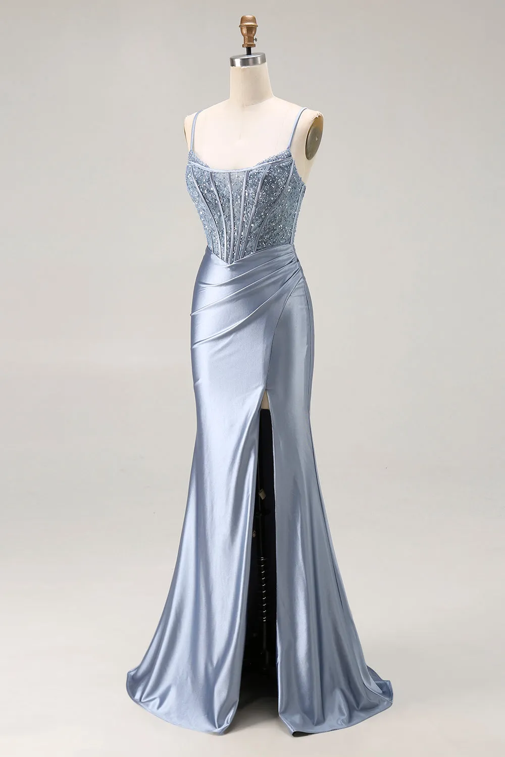 Grey Blue Mermaid Corset Beaded Pleated Long Prom Dress with Slit sold by Zapaka product image thumbnail 3