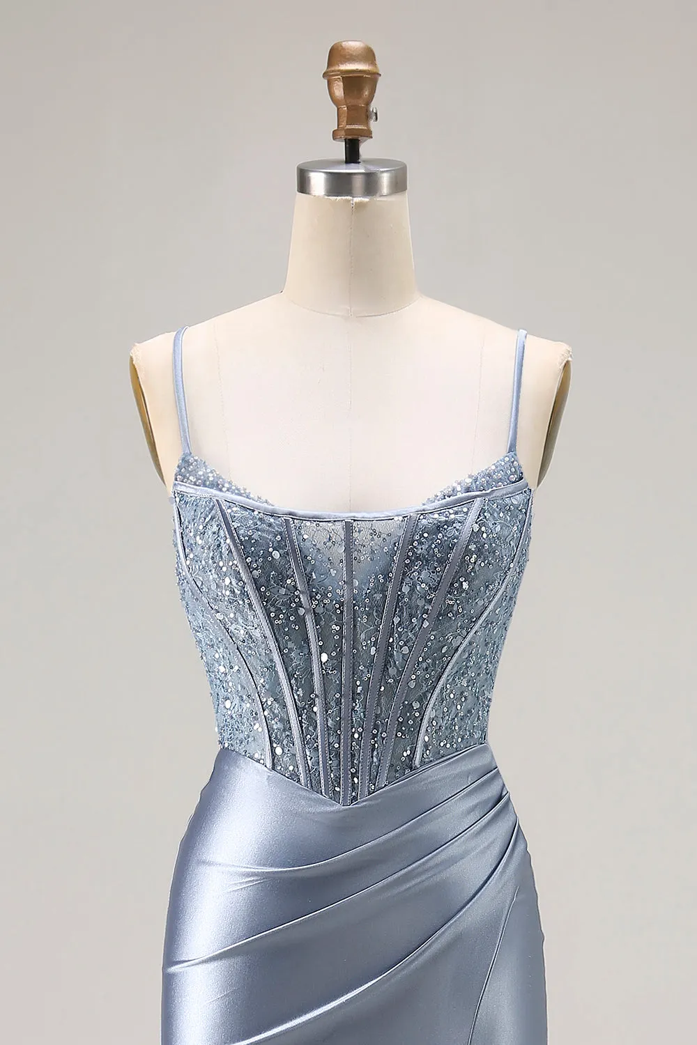 Grey Blue Mermaid Corset Beaded Pleated Long Prom Dress with Slit sold by Zapaka product image thumbnail 4
