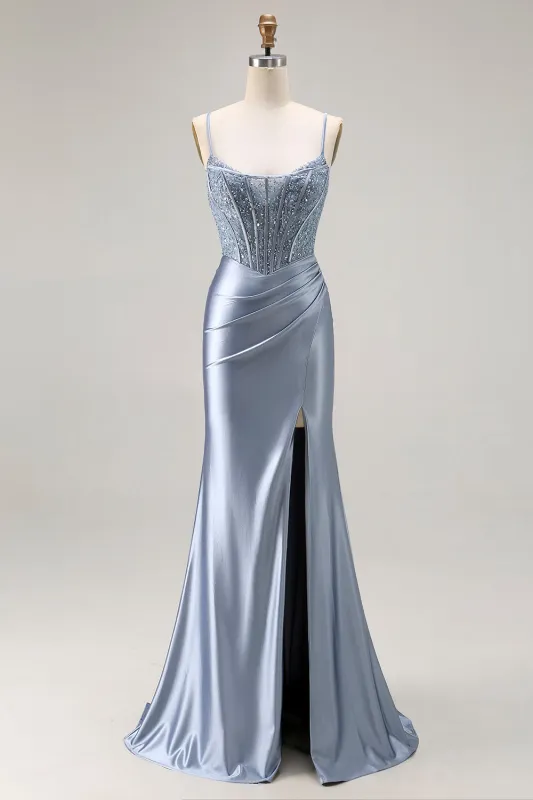 Grey Blue Mermaid Corset Beaded Pleated Long Prom Dress with Slit sold by Zapaka