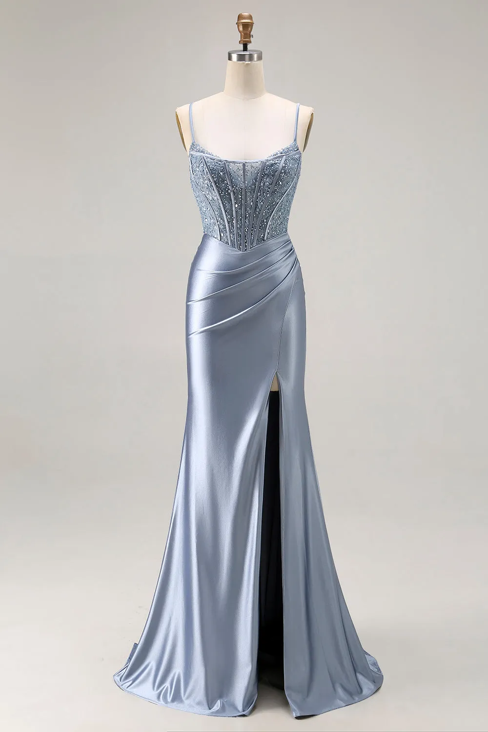 Grey Blue Mermaid Corset Beaded Pleated Long Prom Dress with Slit sold by Zapaka