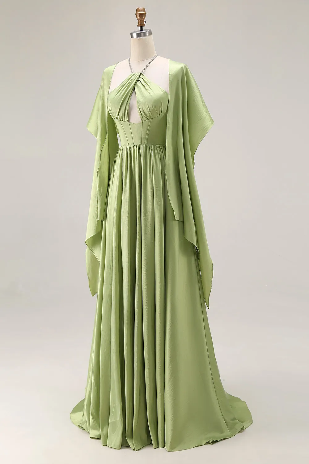 Sage Green A Line Satin Corset Keyhole Long Prom Dress with Cap Sleeves sold by Zapaka product image thumbnail 3