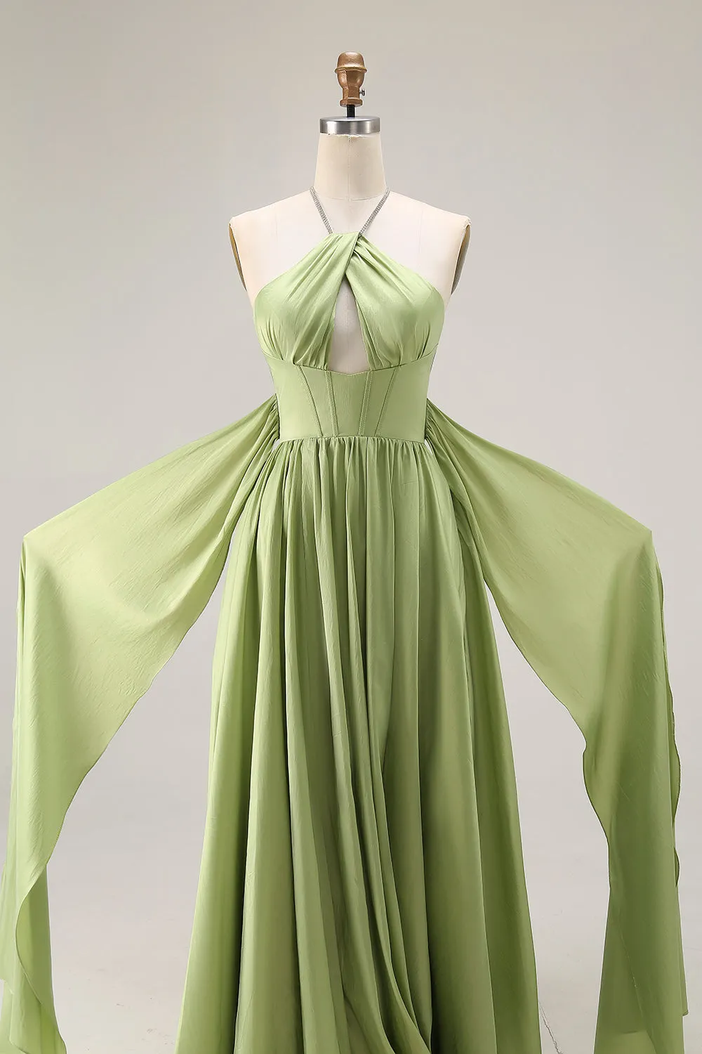 Sage Green A Line Satin Corset Keyhole Long Prom Dress with Cap Sleeves sold by Zapaka product image thumbnail 4