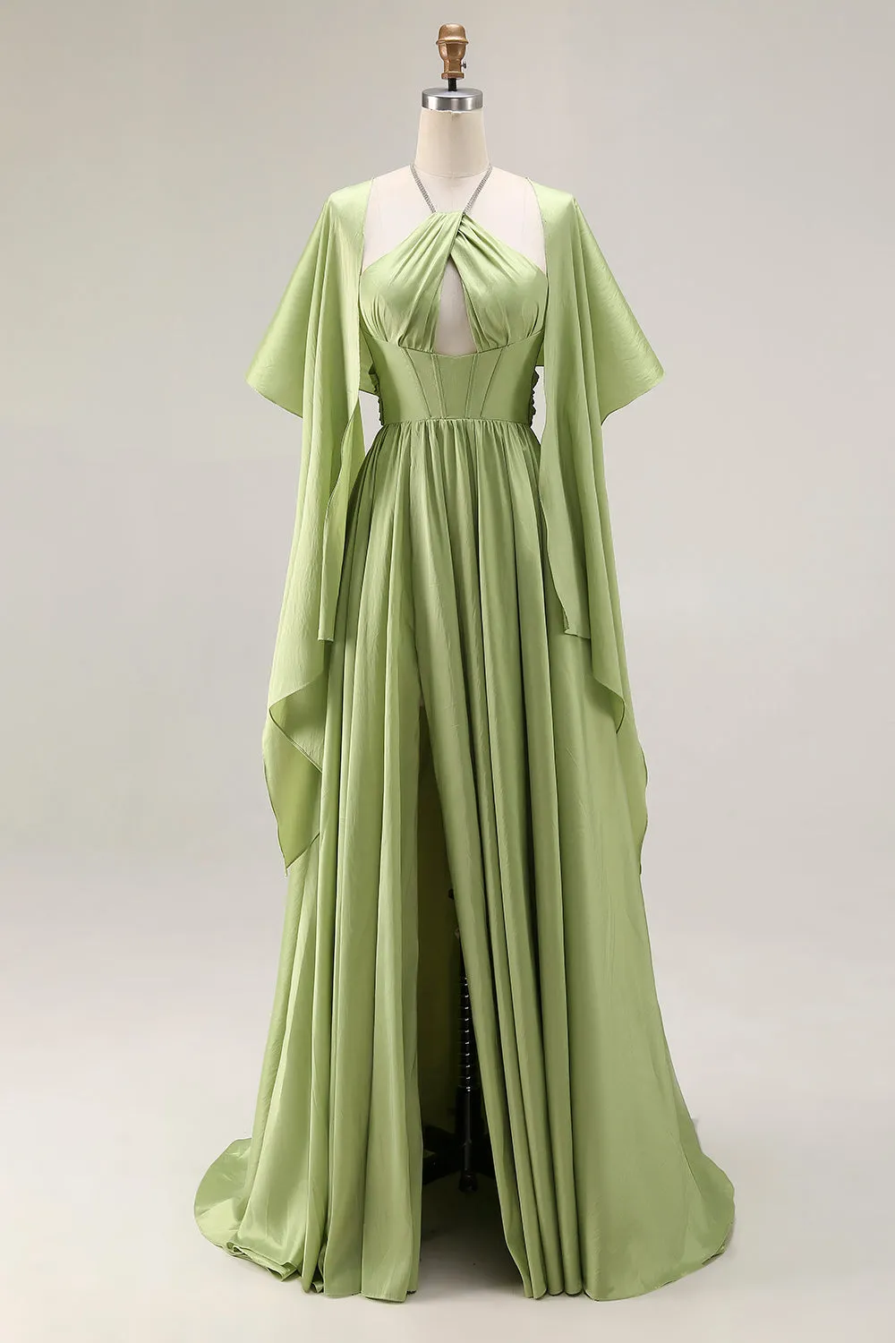 Sage Green A Line Satin Corset Keyhole Long Prom Dress with Cap Sleeves sold by Zapaka