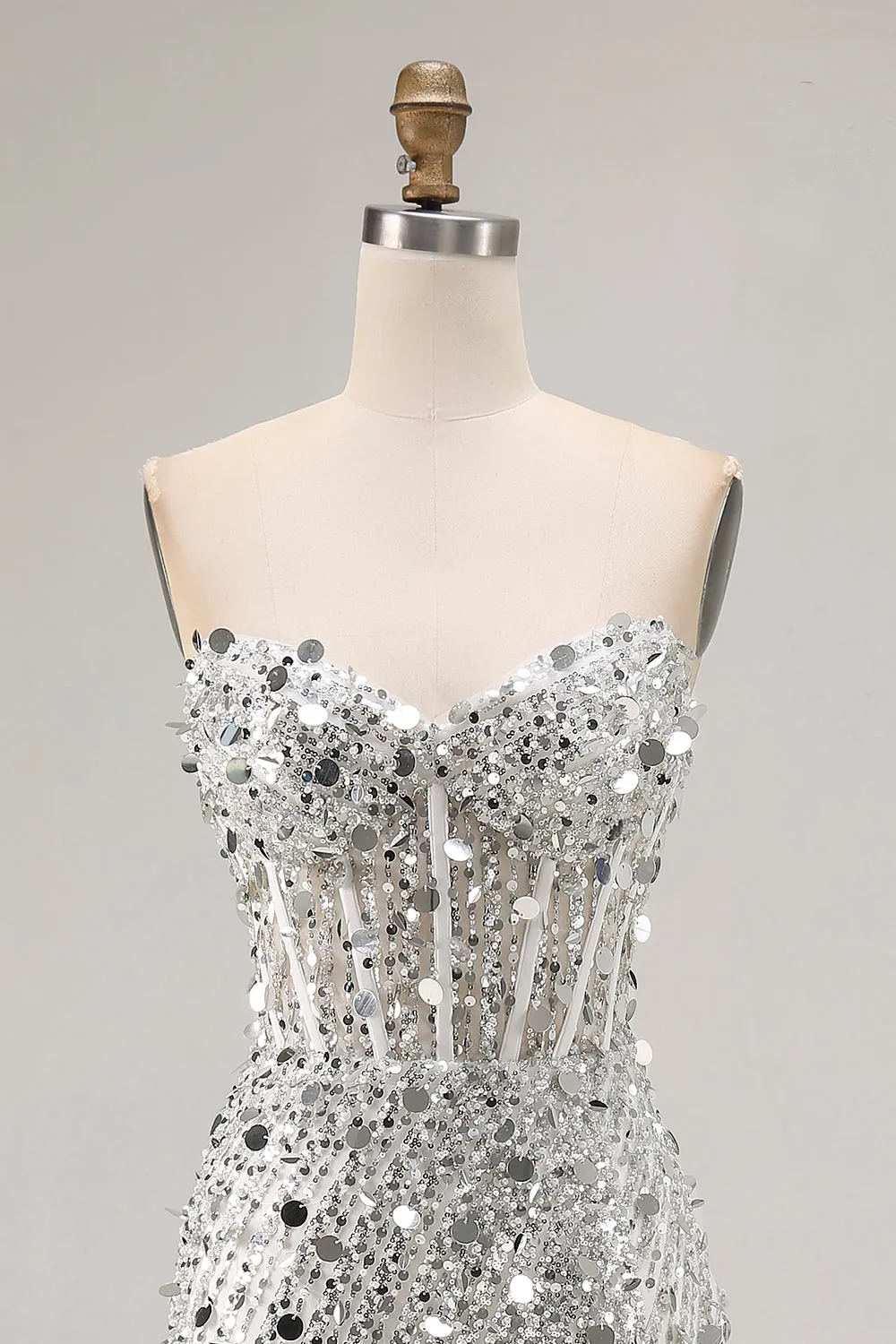 Sparkly Silver Strapless Corset Mermaid Sequin Long Prom Dress With Slit sold by Zapaka product image thumbnail 4