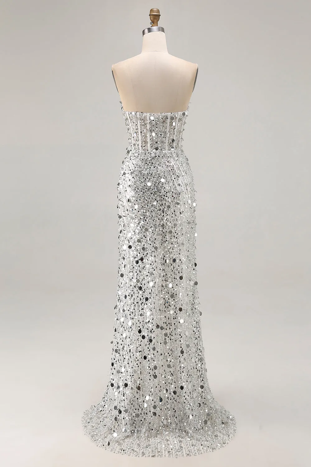 Sparkly Silver Strapless Corset Mermaid Sequin Long Prom Dress With Slit sold by Zapaka product image thumbnail 2