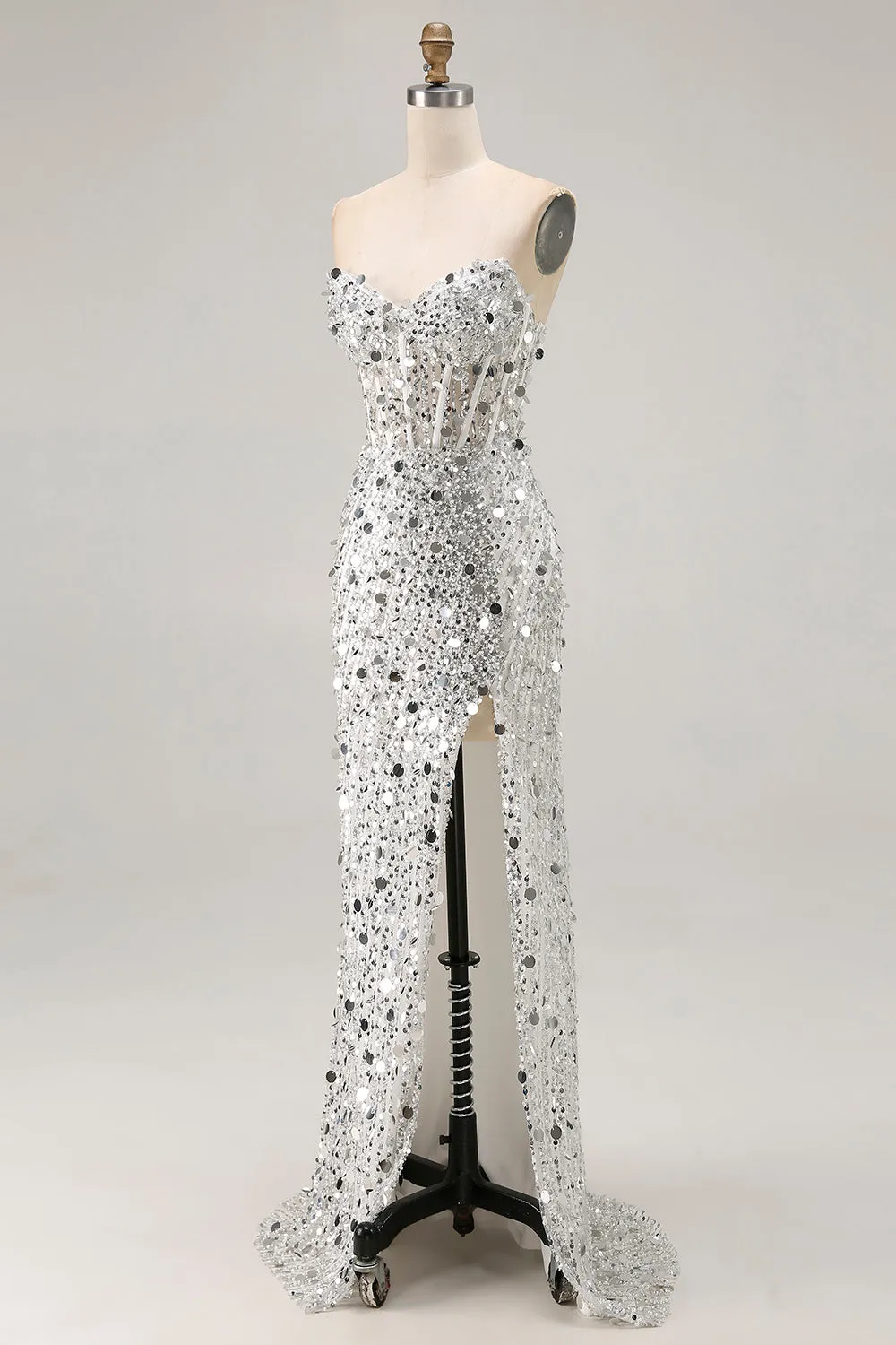 Sparkly Silver Strapless Corset Mermaid Sequin Long Prom Dress With Slit sold by Zapaka product image thumbnail 3
