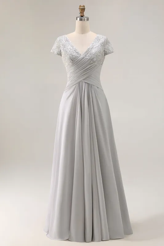 Silver A Line V Neck Ruched Mother Of The Bride Dress sold by Zapaka