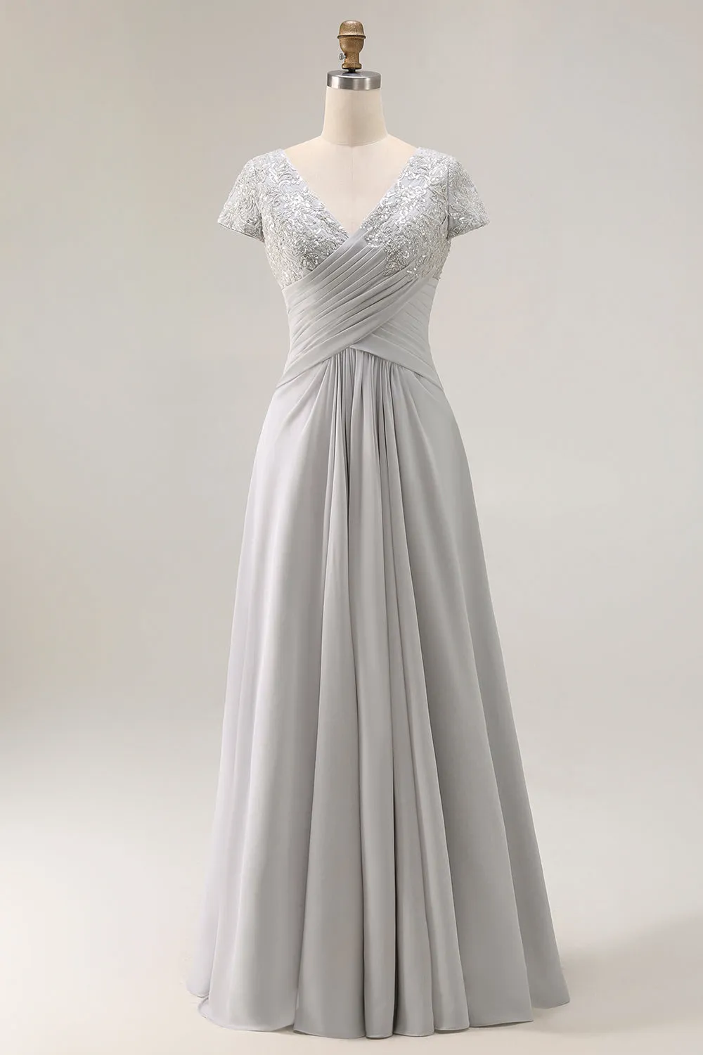 Silver A Line V Neck Ruched Mother Of The Bride Dress sold by Zapaka