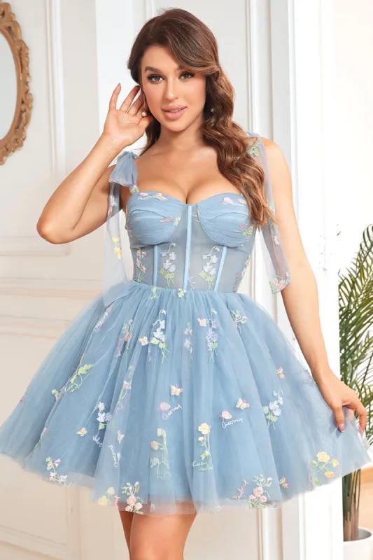 A Line Spaghetti Straps Grey Blue Short Homecoming Dress with Embroidery sold by Zapaka