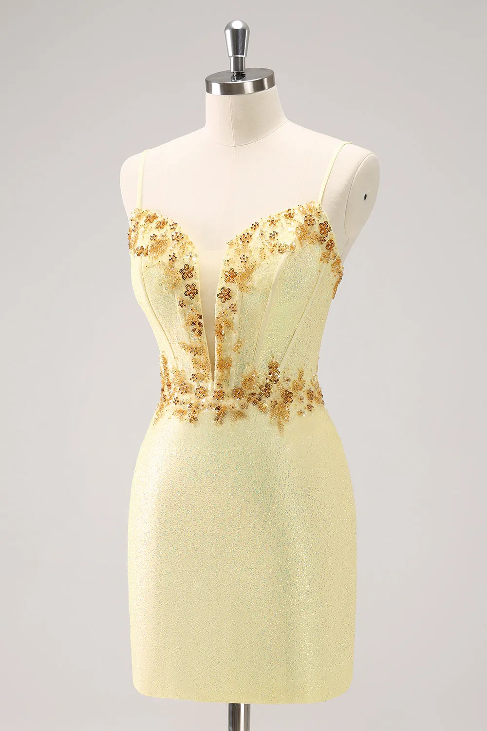 Sparkly Yellow Spaghetti Straps Tight Homecoming Dress with Sequins sold by Zapaka product image thumbnail 3