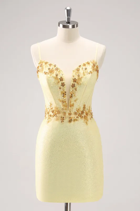 Sparkly Yellow Spaghetti Straps Tight Homecoming Dress with Sequins sold by Zapaka