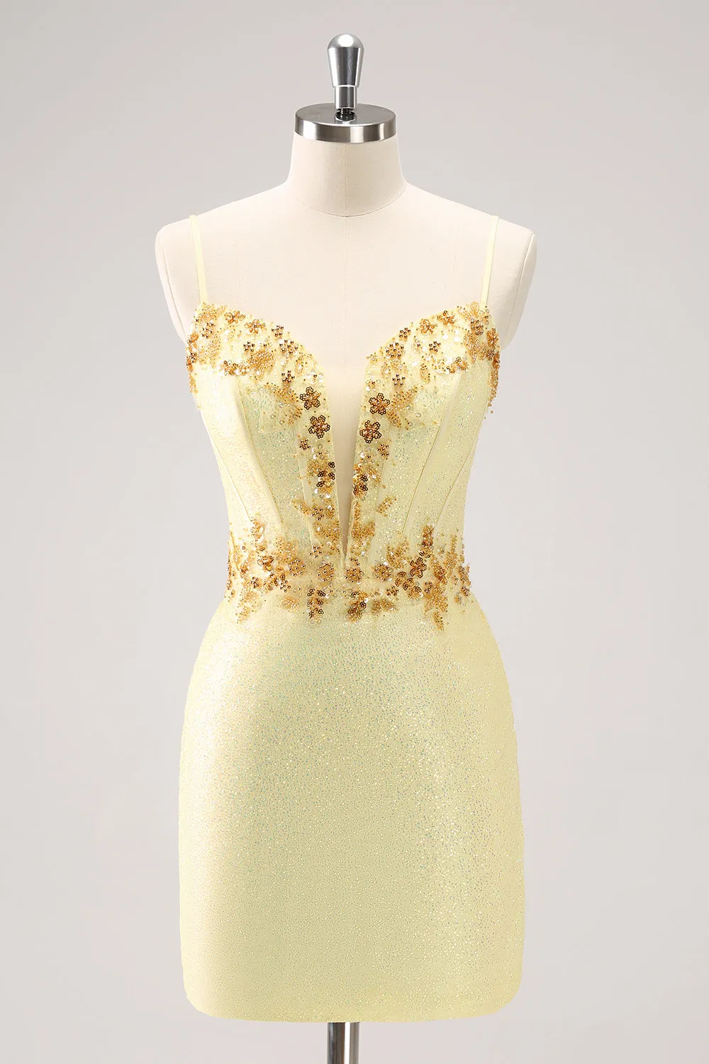 Sparkly Yellow Spaghetti Straps Tight Homecoming Dress with Sequins sold by Zapaka
