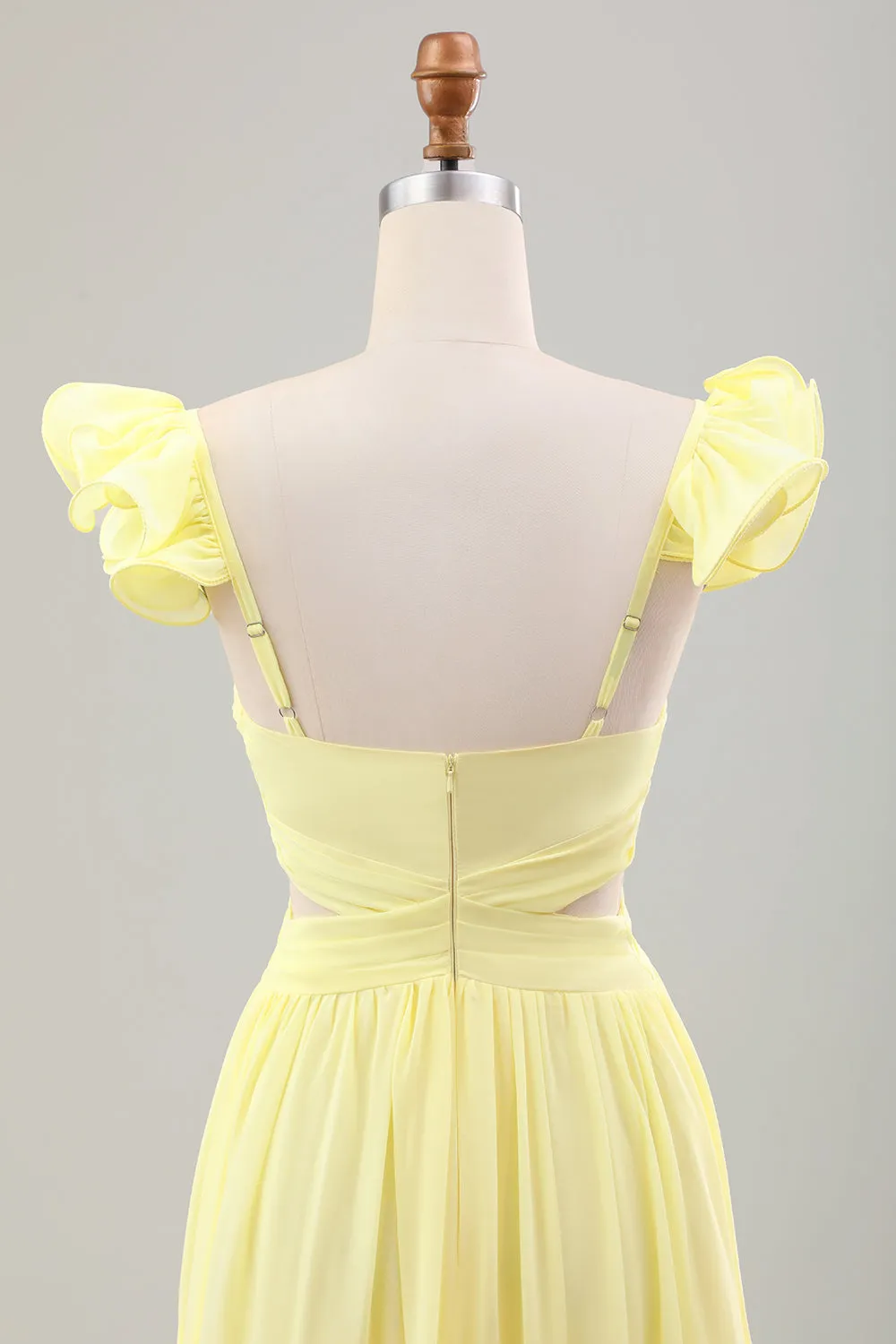 Simple Lemon Yellow A Line Pleated Ruffled Wedding Guest Dress sold by Zapaka product image thumbnail 5