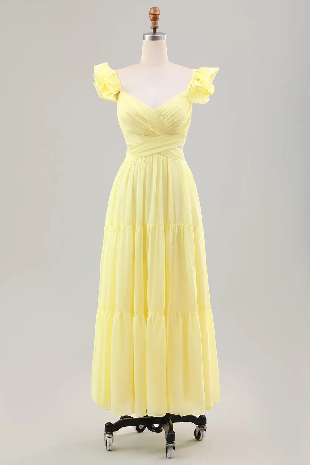 Simple Lemon Yellow A Line Pleated Ruffled Wedding Guest Dress sold by Zapaka