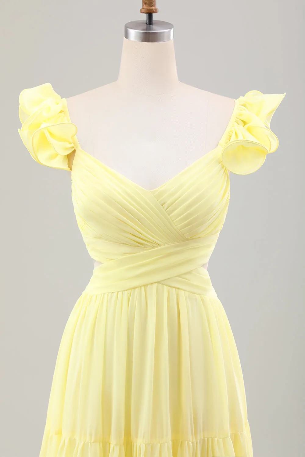 Simple Lemon Yellow A Line Pleated Ruffled Wedding Guest Dress sold by Zapaka product image thumbnail 4