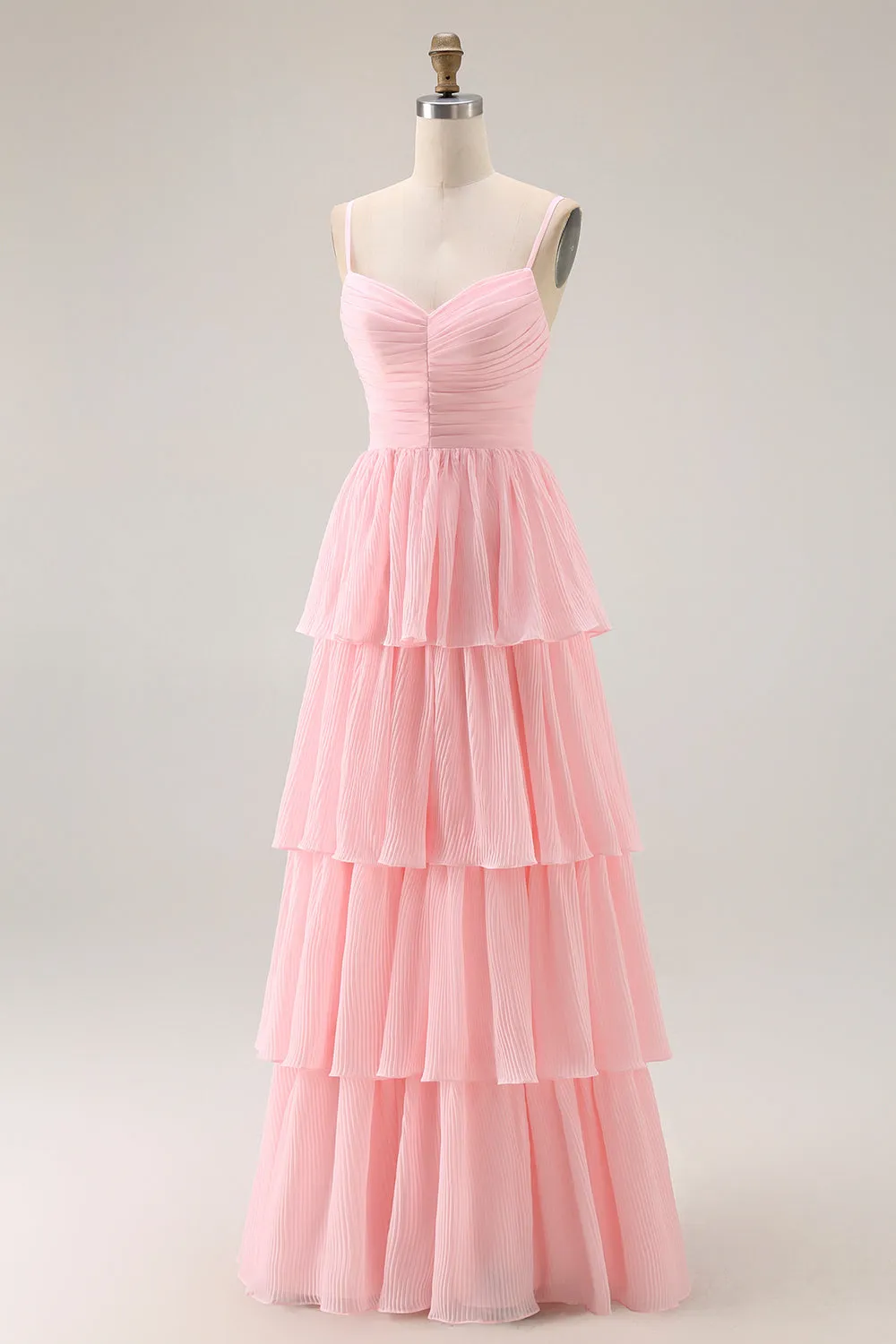 Blush Pink A Line Tiered Chiffon Long Bridesmaid Dress with Ruffles sold by Zapaka product image thumbnail 3