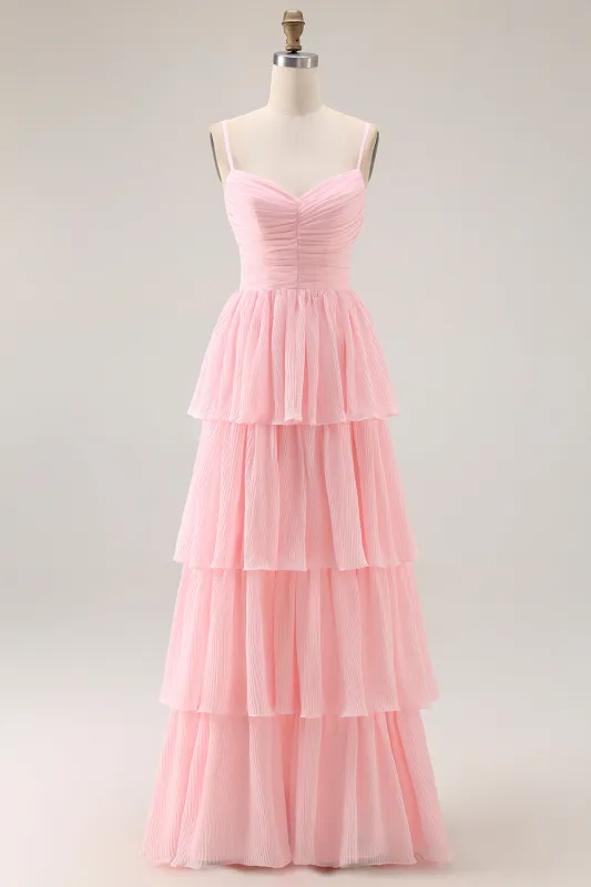 Blush Pink A Line Tiered Chiffon Long Bridesmaid Dress with Ruffles sold by Zapaka