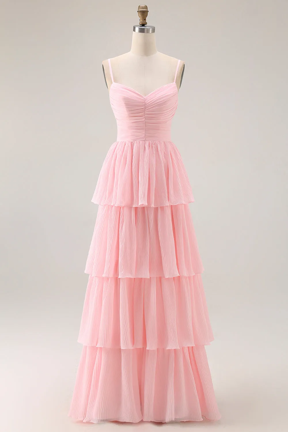Blush Pink A Line Tiered Chiffon Long Bridesmaid Dress with Ruffles sold by Zapaka
