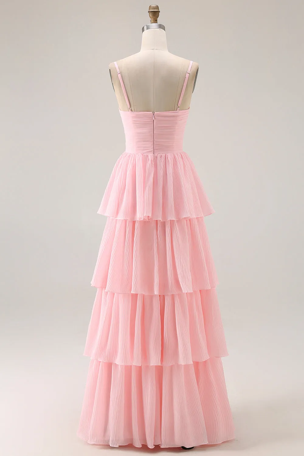 Blush Pink A Line Tiered Chiffon Long Bridesmaid Dress with Ruffles sold by Zapaka product image thumbnail 2