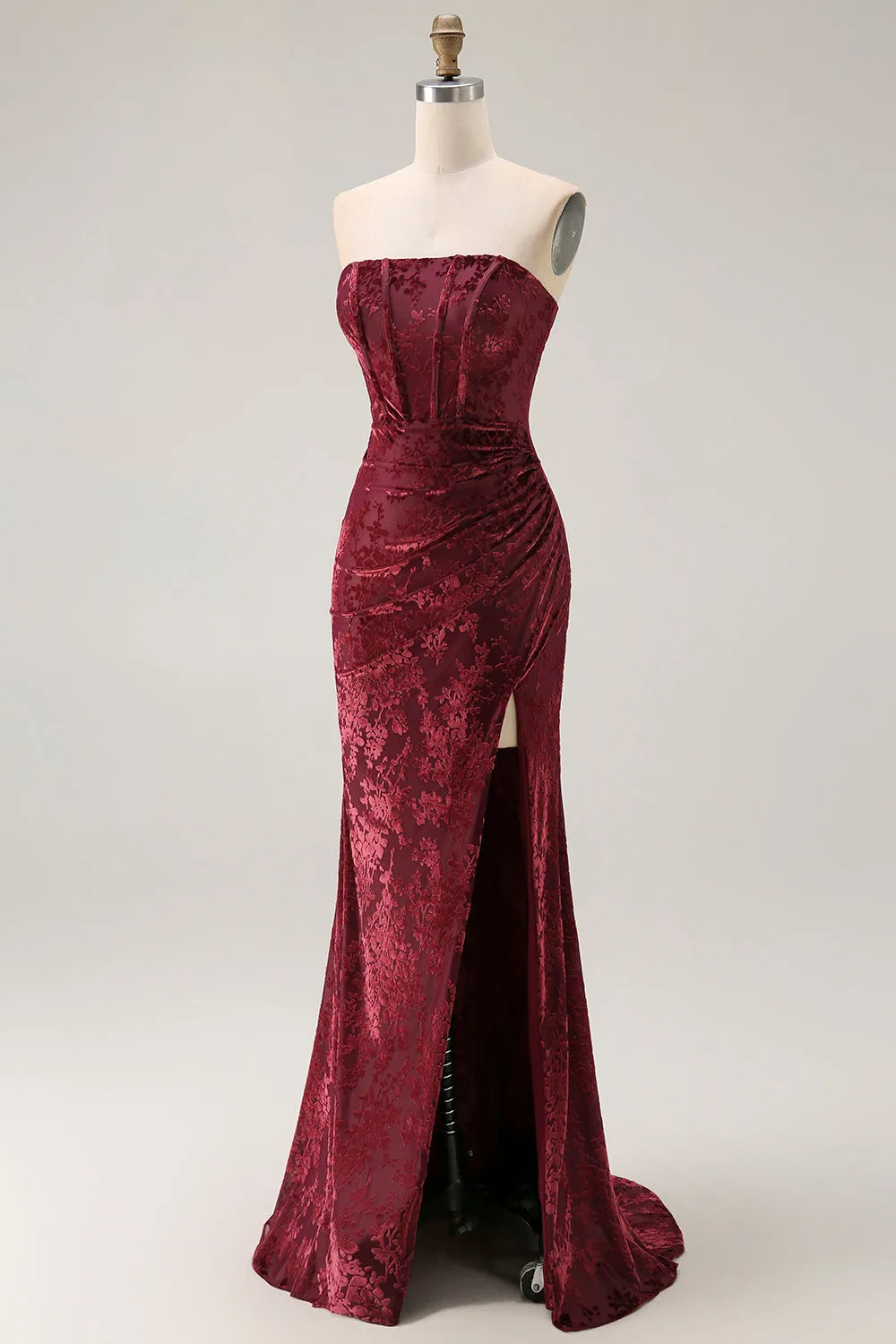 Burgundy Strapless Corset Burnout Velvet Bridesmaid Dress with Slit sold by Zapaka product image thumbnail 3