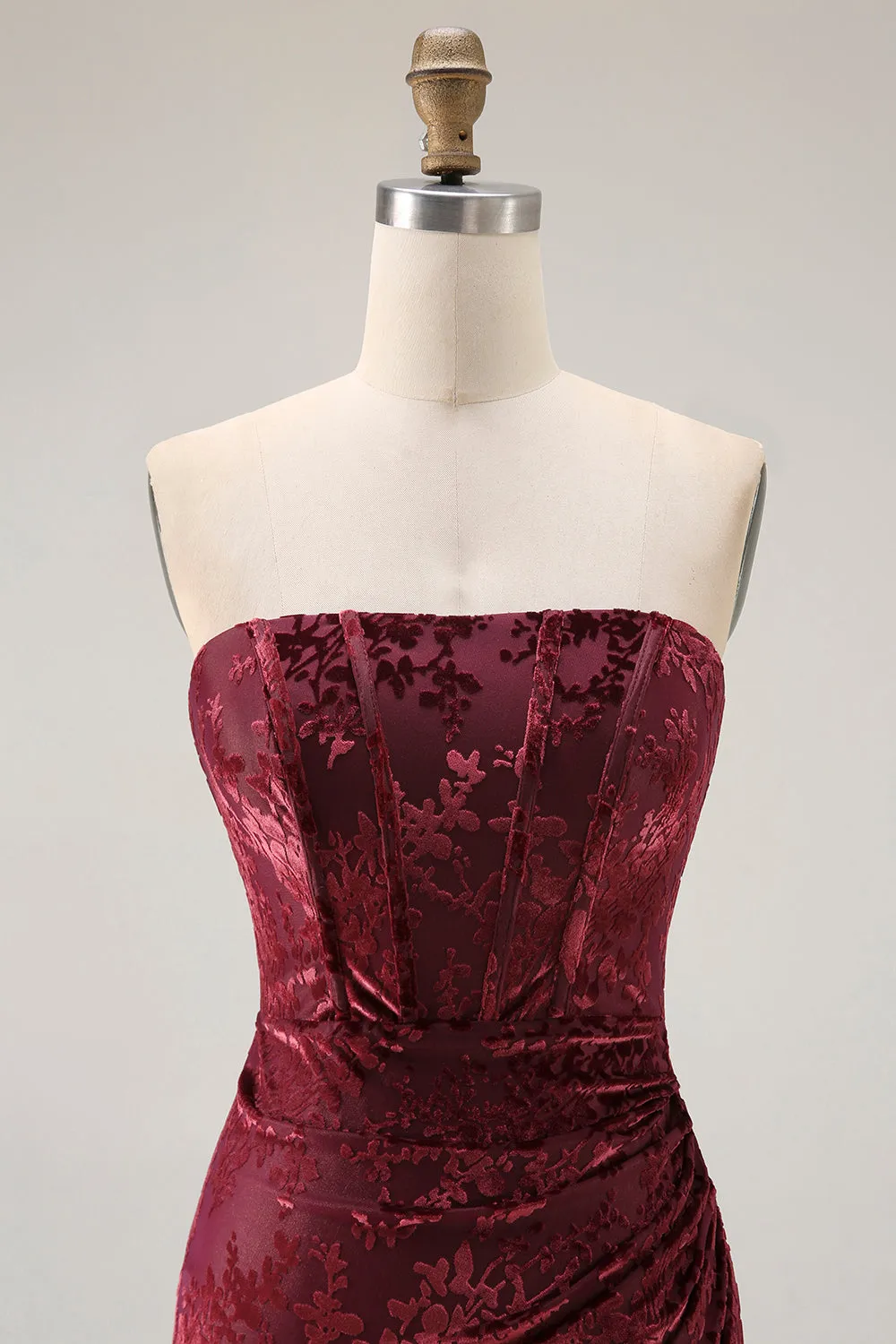 Burgundy Strapless Corset Burnout Velvet Bridesmaid Dress with Slit sold by Zapaka product image thumbnail 4